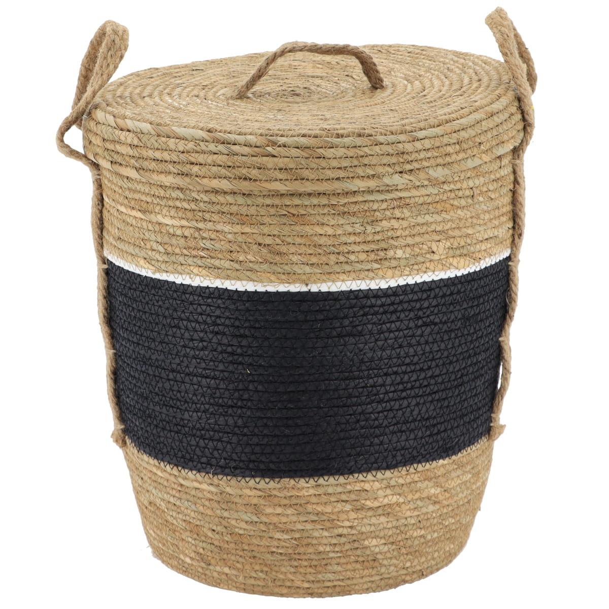 PANIERE PAPIER ET PAILLE AVEC COUVERCLE 32X38CM NOIR NATUREL