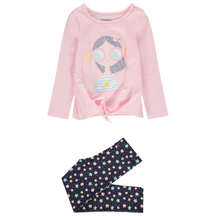 Pyjama en jersey print fille et bas étoilé - Rose
