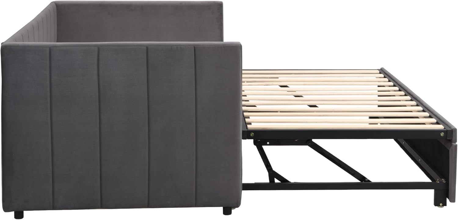 Polsterbett Ausziehbares Schlafsofa 90/180x200 cm mit Lattenrosten, Multifunktionsbett aus hautfreundlichem Samtstoff (Dunkelgrau)