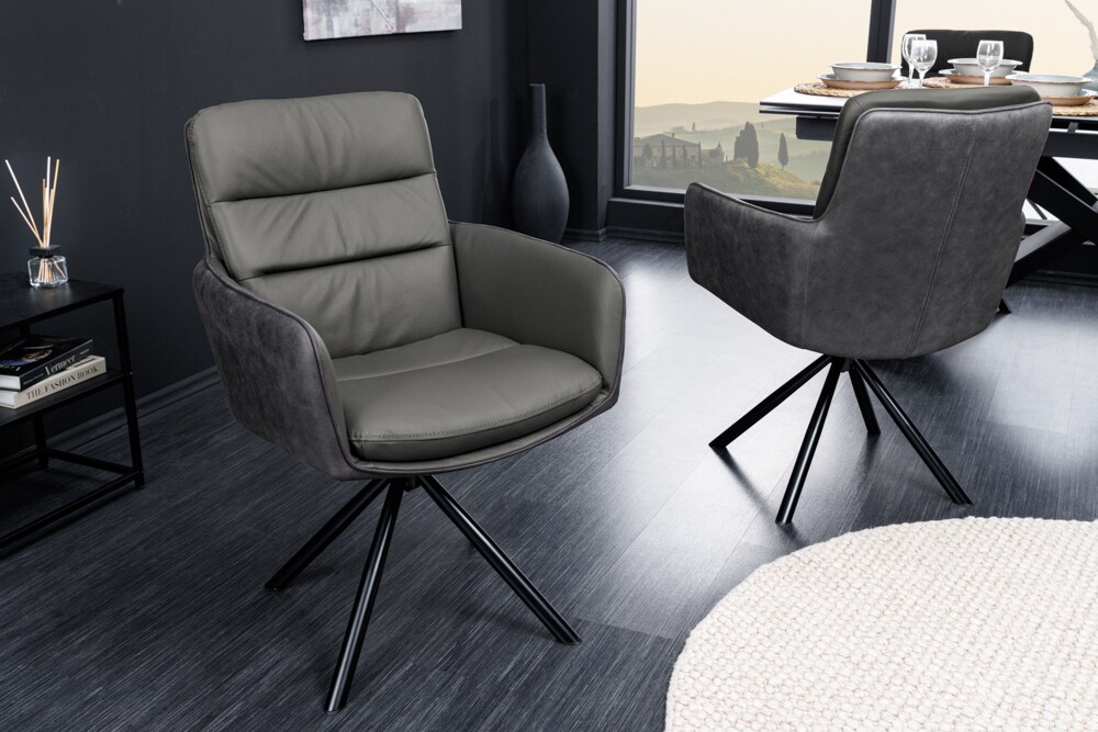 riess-ambiente Stuhl BIG GEORGE - grau Echtleder Microfaser mit Armlehne schwarze Metallbeine Drehbarer