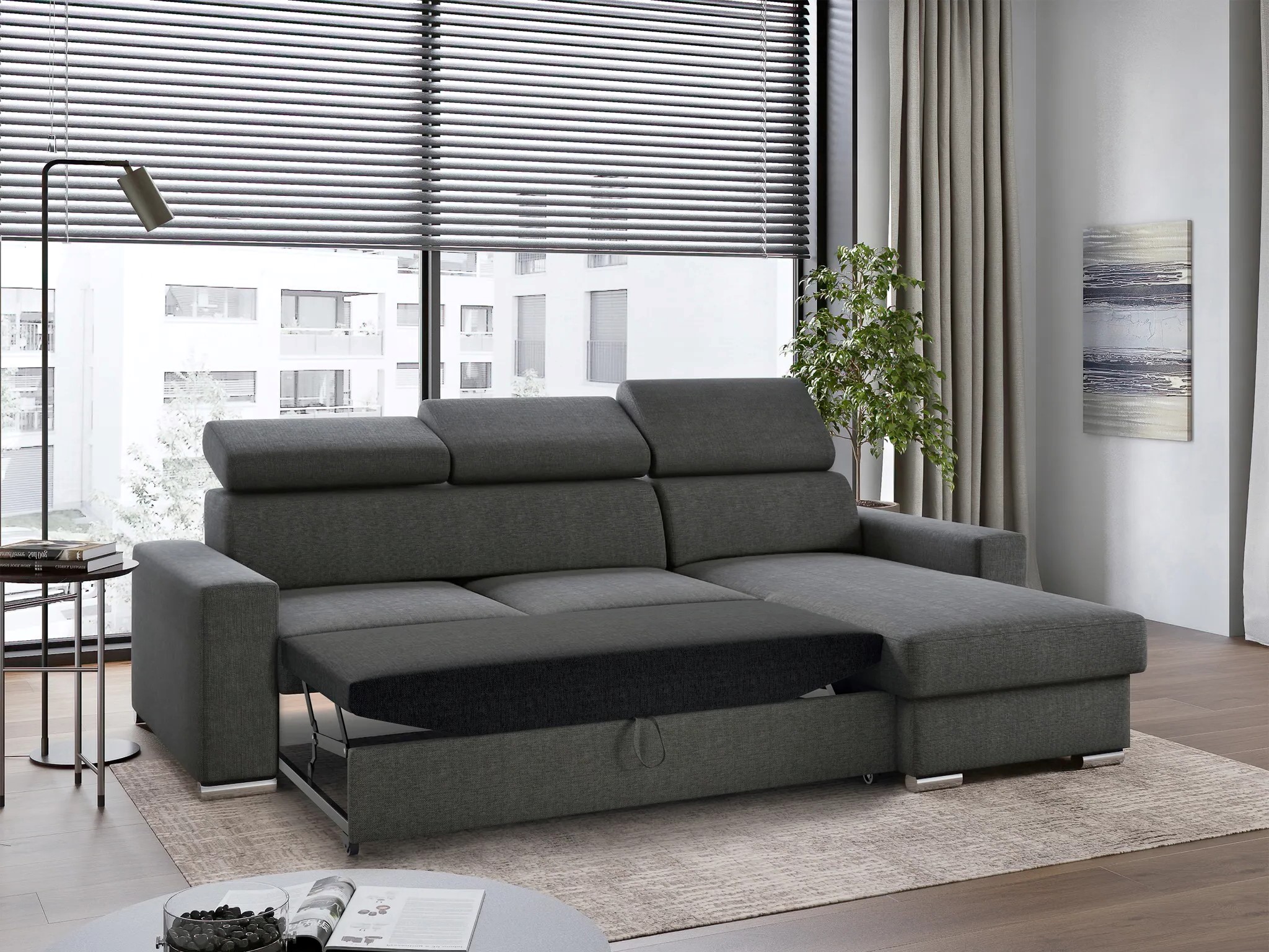 M-Punkt Ecksofa TOKIO mit Bett und Bettkasten Sofa/Schlafsofa - Anthrazit/Grau