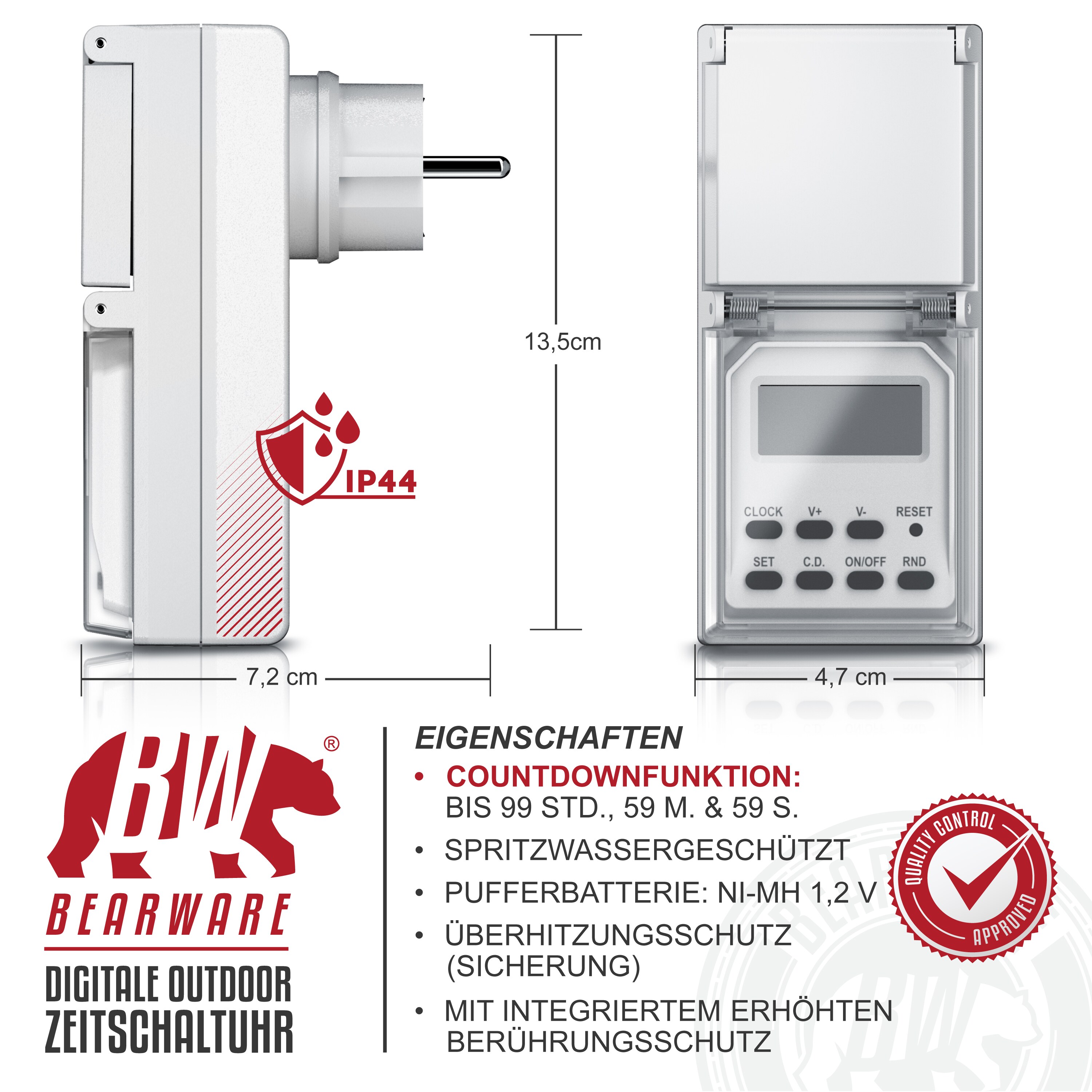 BEARWARE Outdoor Zeitschaltuhr für den Außenbereich Zufallsfunktion - IP44 - Countdown