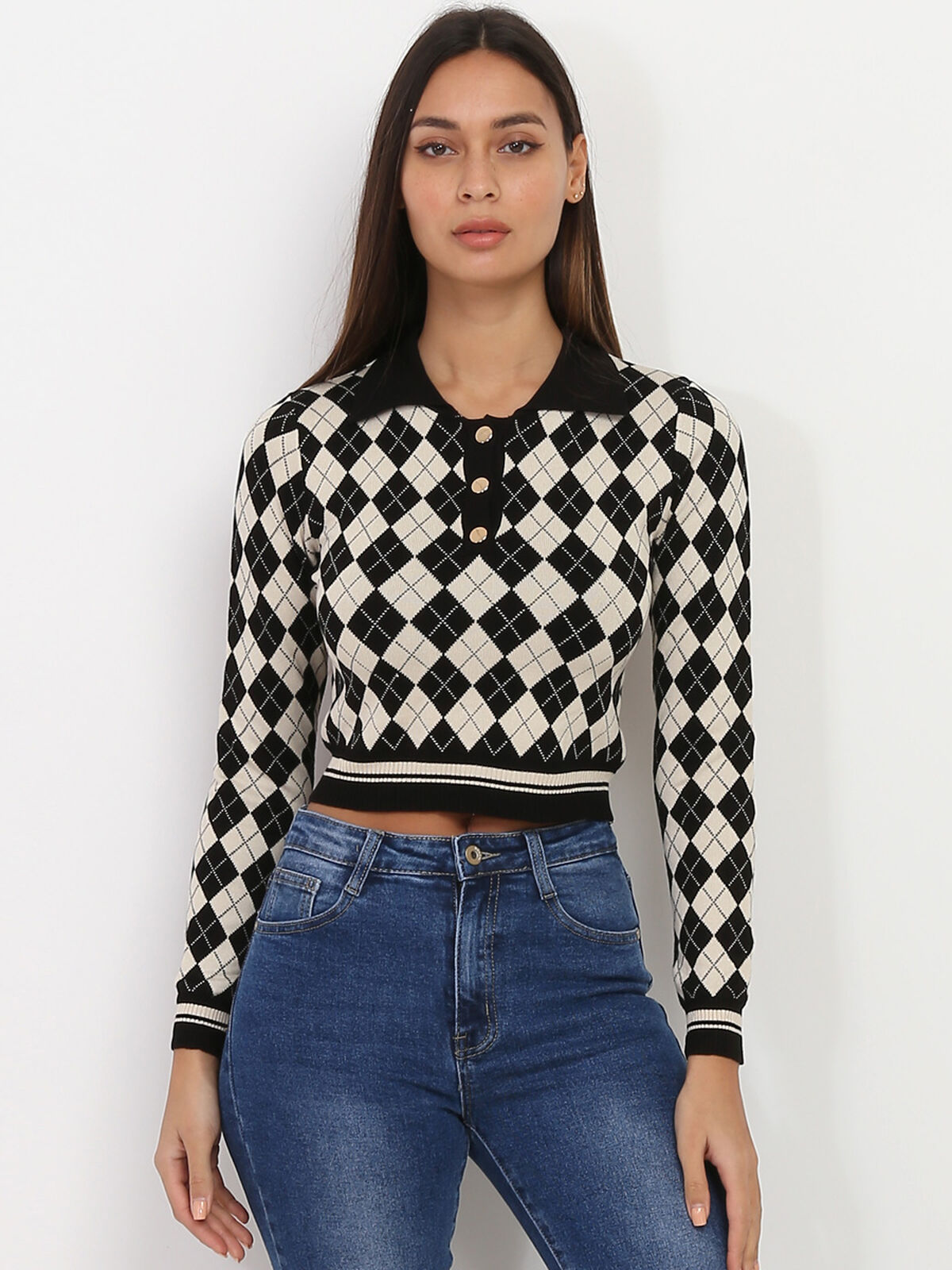 Pull à col Polo en motif losanges- Noir