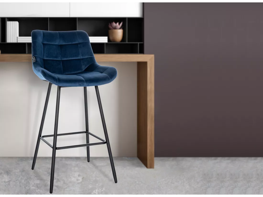 Tabouret de bar - Velours & Métal - Bleu - Weston