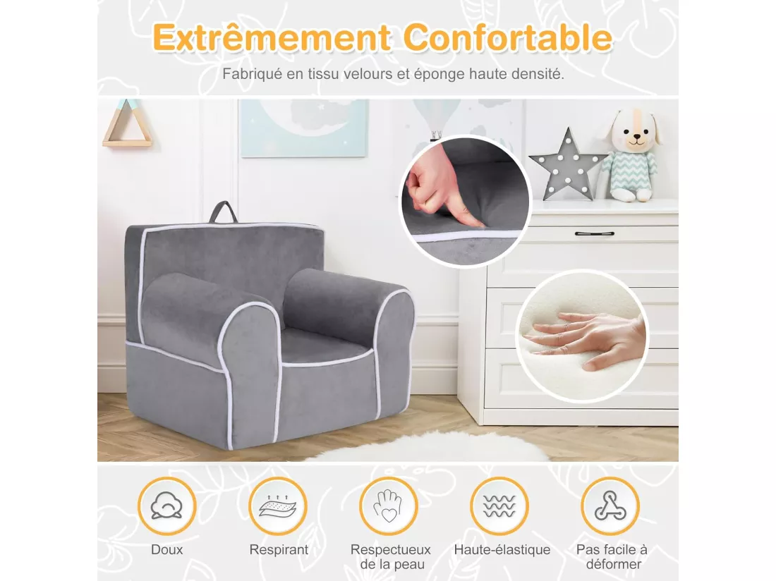 Fauteuil pour Enfant de 0 à 5 Ans, Canapé avec de Tissu en Velours Et Rembourré d’Éponges de Haute Qualité, Chaise pour Salle de Jeux, Chambre, Jardin d'enfants (Gris)