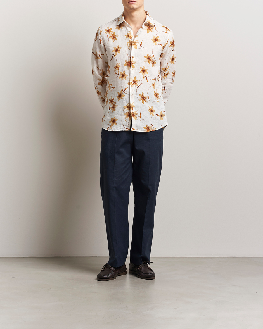 Stenströms Fitted Body Flower Printed Linen Shirt White