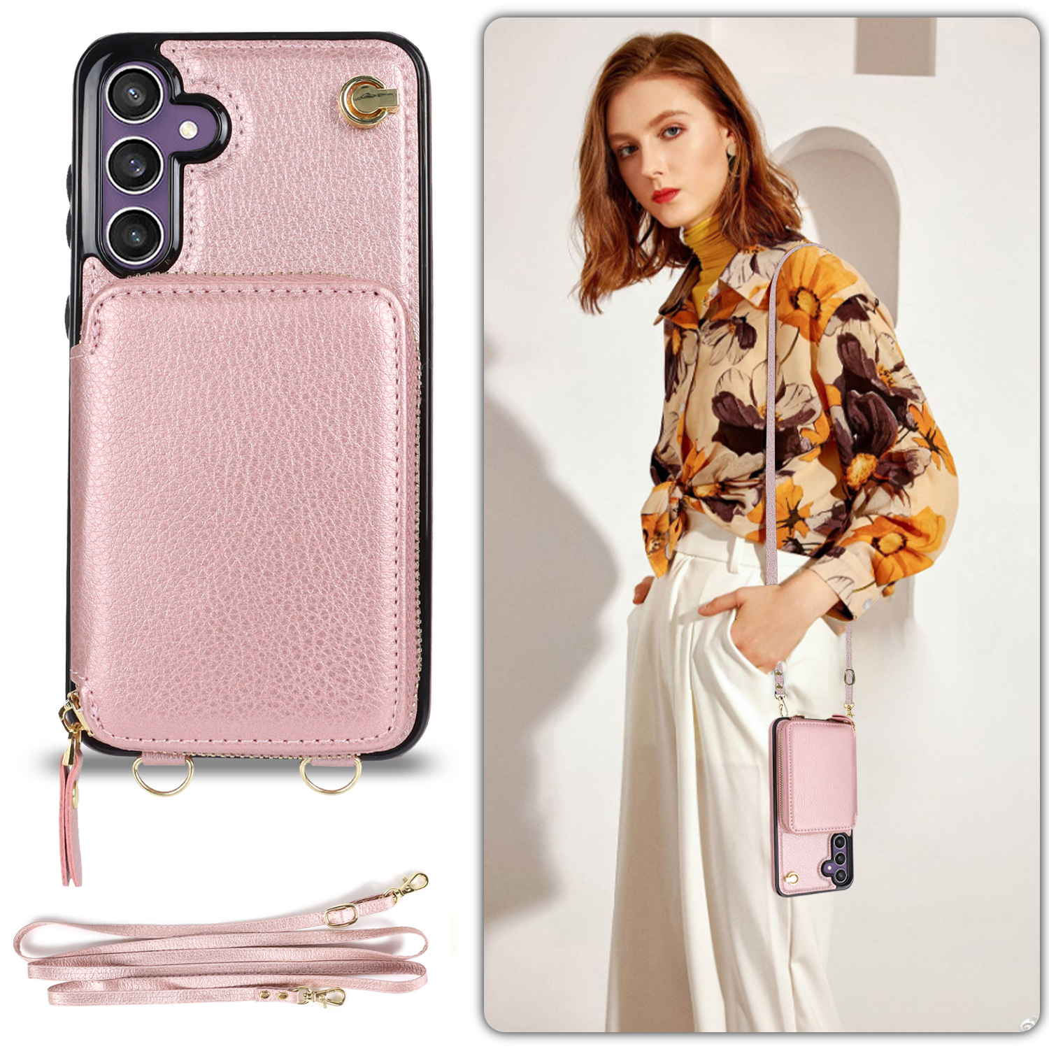 Samsung Galaxy S25 FE Necklace Leder Schutz Hülle mit Kartenfächer   Handykette (140cm) - Roségold
