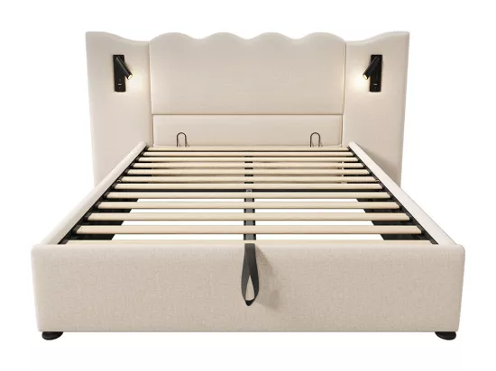 Lit double capitonné 160 x 200 avec liseuse et chargeur USB Type-C, avec cadre en bois massif et lattes, beige, lin.