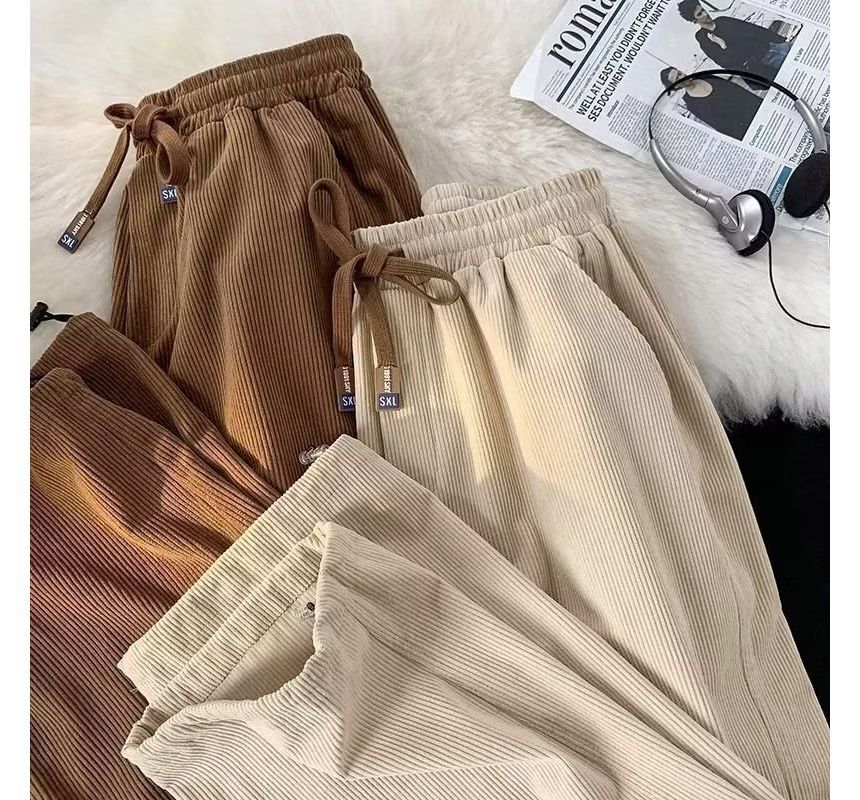 Zoslane - Mid Rise Plain Corduroy Wide Leg Pants