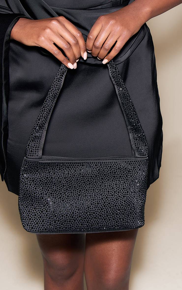 Noir Sac À Bandoulière En Satin Orné De Strass Thermocollants
