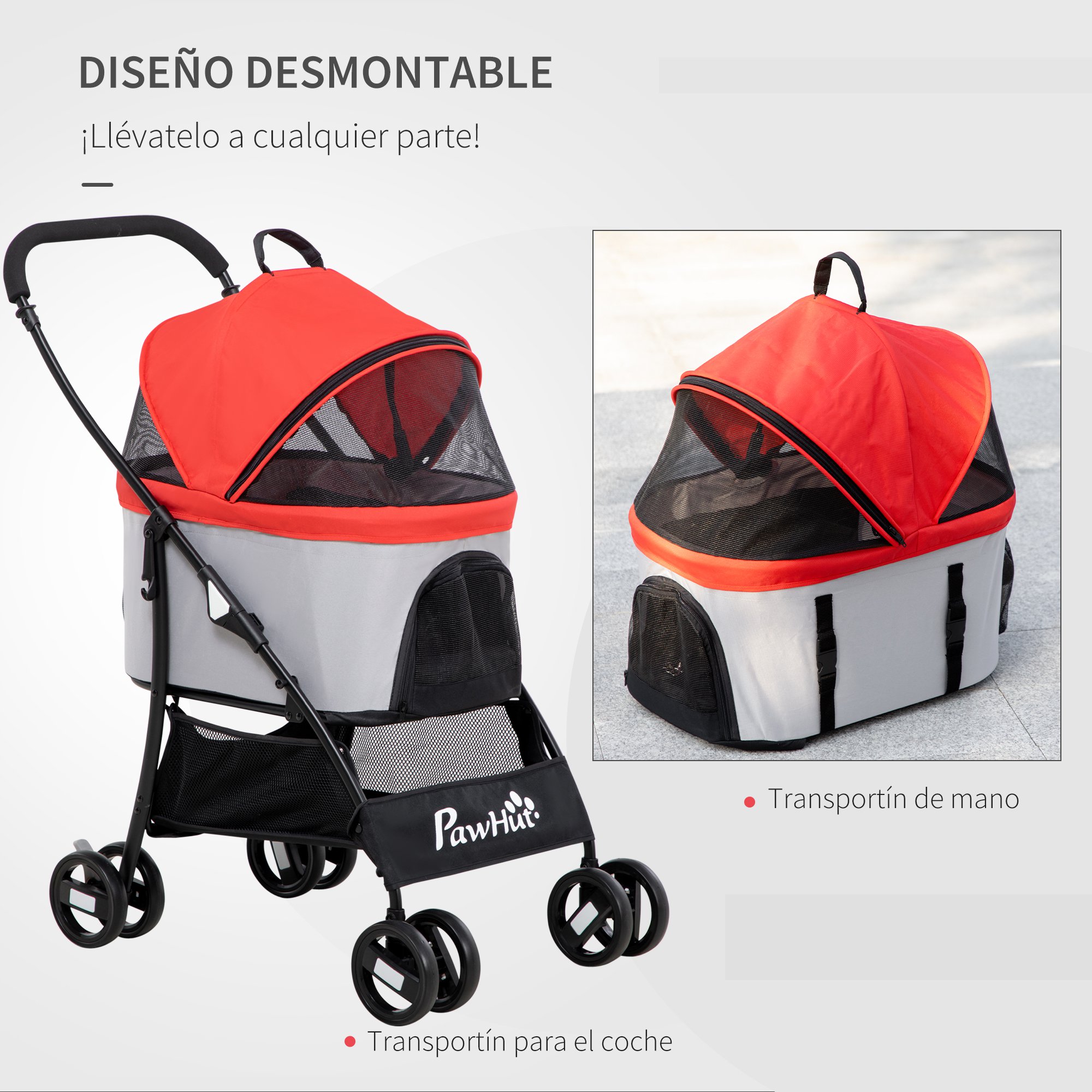 Carrinho para animais de estimação PawHut 3 em 1 para cães e gatos, com bolsa de transporte dobrável e removível, cesto de armazenamento e freios. Fabricado em tecido Oxford 600D, suporta até 15 kg e mede 82 x 49,5 x 98 cm, na cor vermelha.