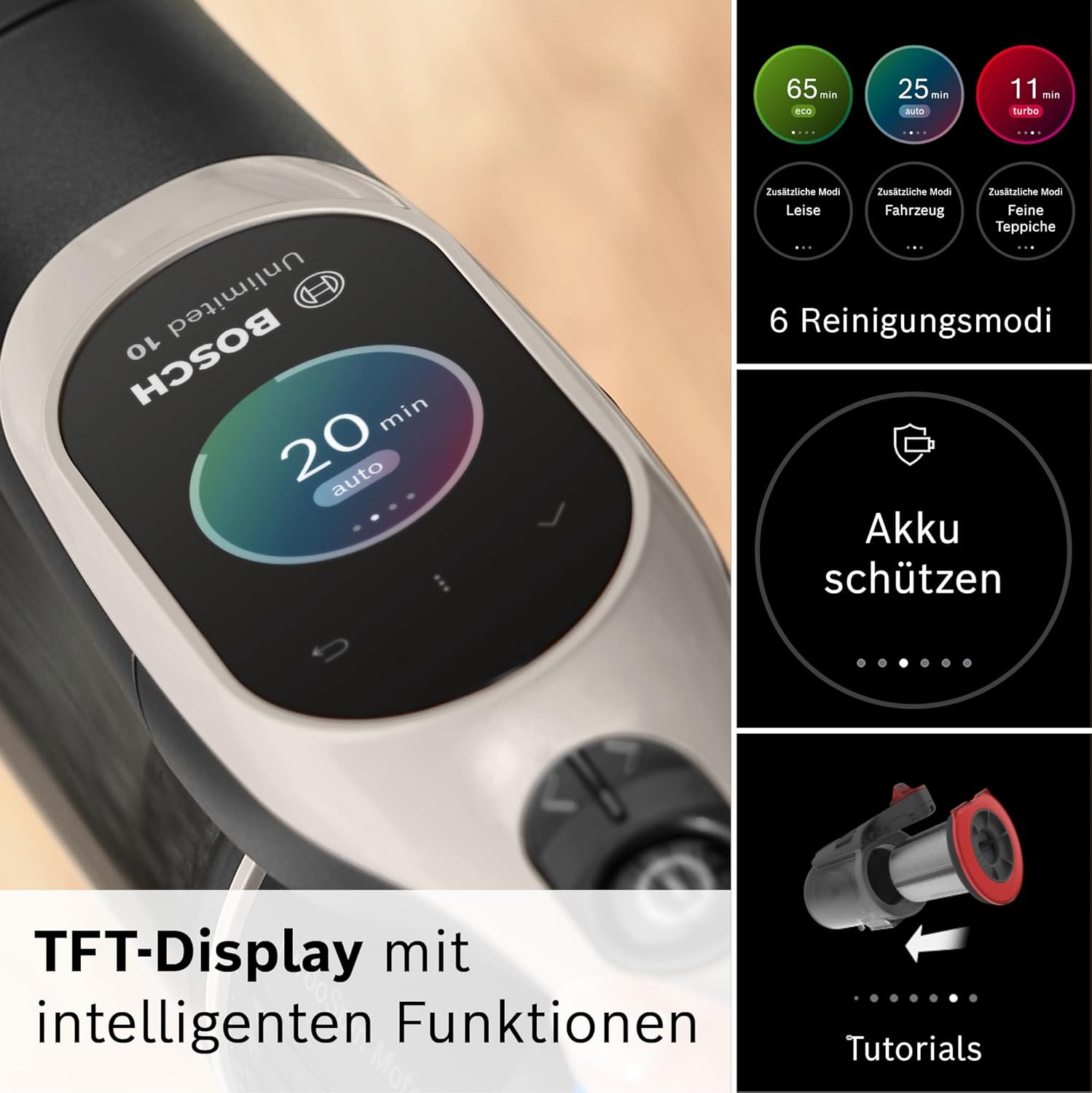 Bosch Akku-Staubsauger Unlimited 10 BKS1051GQC, kabellos, MicroClean Technology, TFT-Display, Staubkomprimierung, HEPA-Filtersystem, 10 J. Motorgarantie, 4 Ah Akku, LED-Licht, Schnellladegerät, grau