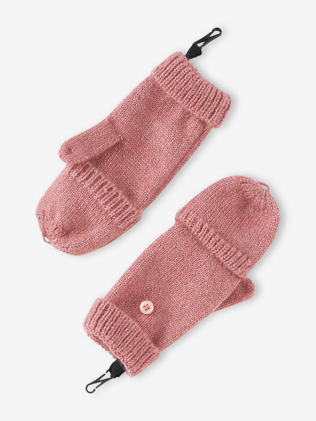 Conjunto infantil de malha canelada: gorro + cachecol + luvas/mitenes na cor rosa antigo