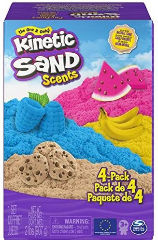 Geurend Kinetic Sand - verpakking van 907 g met 4 pakken van geurend Kinetic Sand - Dol op deeg x Gekke bananen x Malle meloenen en Frambozenfeestje - Sensorisch speelgoed