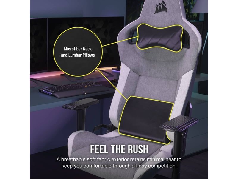 Corsair Gaming-Stuhl T3 Rush (2023) Grau/Weiss Ergonomischer Racing-Gaming-Stuhl mit einer Belastbarkeit von bis zu 120 kg