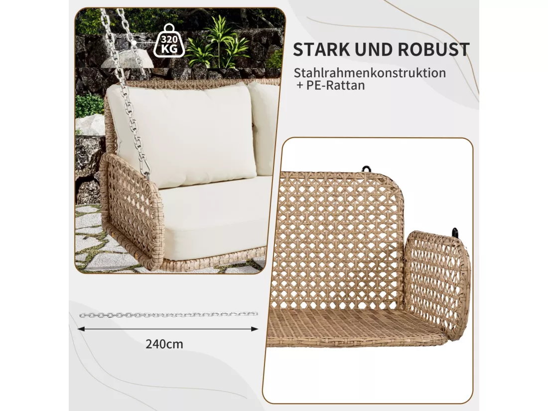 Balancelle de jardin avec coussin 9cm, avec oreillers et 2x240cm chaînes, 2 places, Charge 320kg