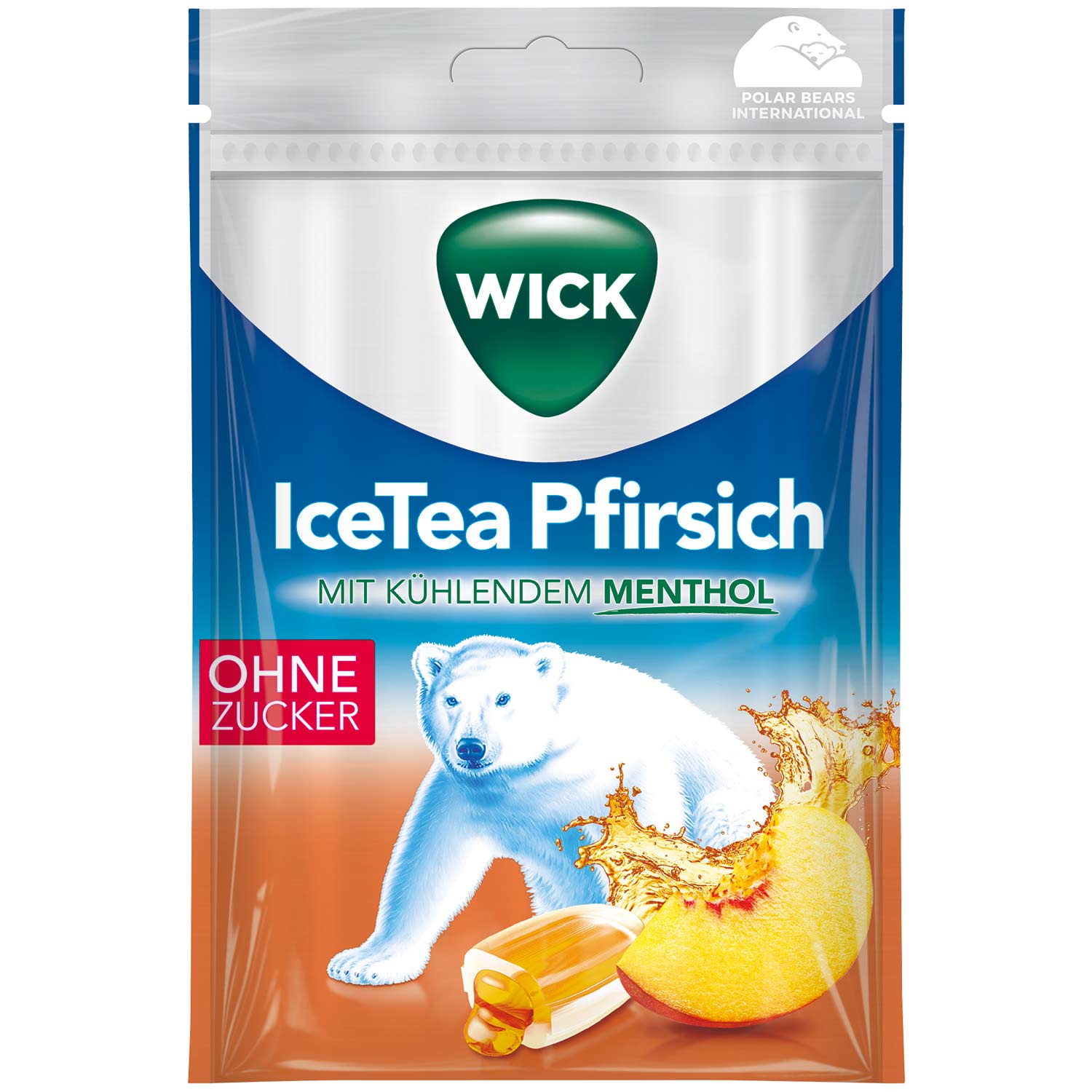 Wick Ice Tea Pfirsich Menthol Bonbons ohne Zucker 72g MHD:30.4.27