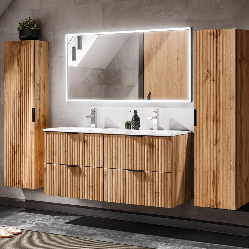Lomadox Badezimmermöbel Badmöbel Komplett Set, Wotaneiche Rillenoptik, 120cm Waschtisch mit Unterschrank, Keramik Waschbecken, LED-Spiegel, 2 Hochschränke, B/H/T 170/200/46 cm