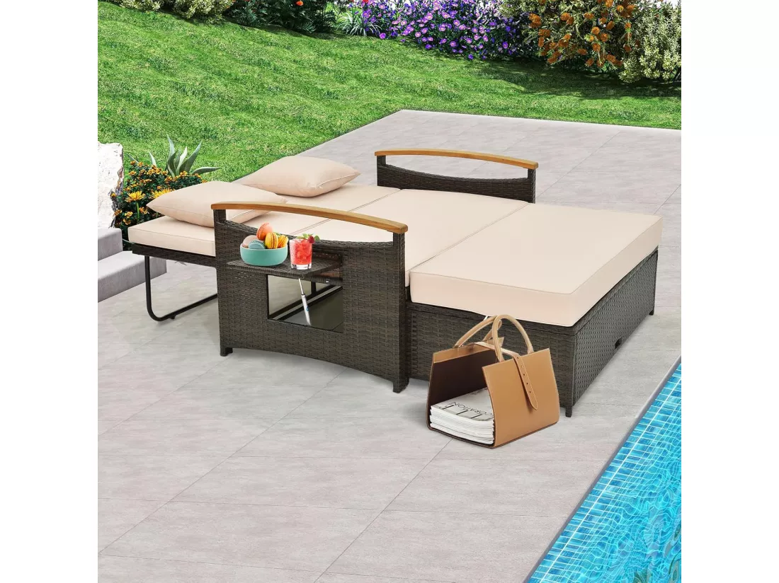 Salon de Jardin en Rotin et fibre naturelle avec Ottoman de Rangement, Bain de Soleil avec Plateau Latéral Rétractable Dossier Réglable Coussins 4 Positions, Canapé à 2 Places Charge 360KG, Beige