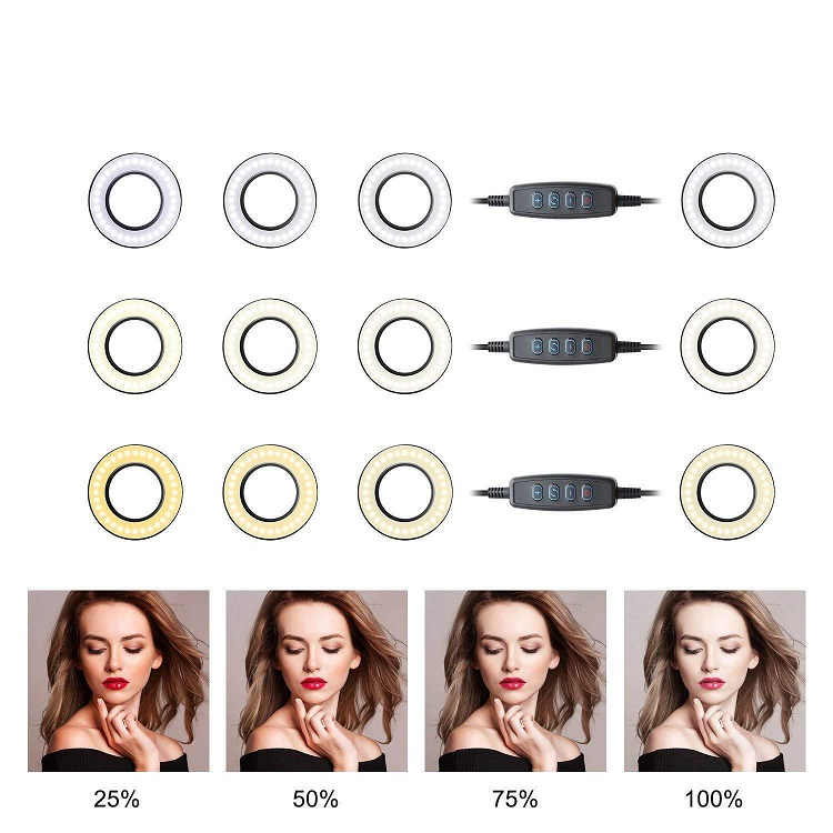 Professionelle USB Selfie Clip Teleskop Stativ Tischhalterung & LED Ringleuchte (Kalt- / Warmweiss) für YouTuber / Influencer - Schwarz