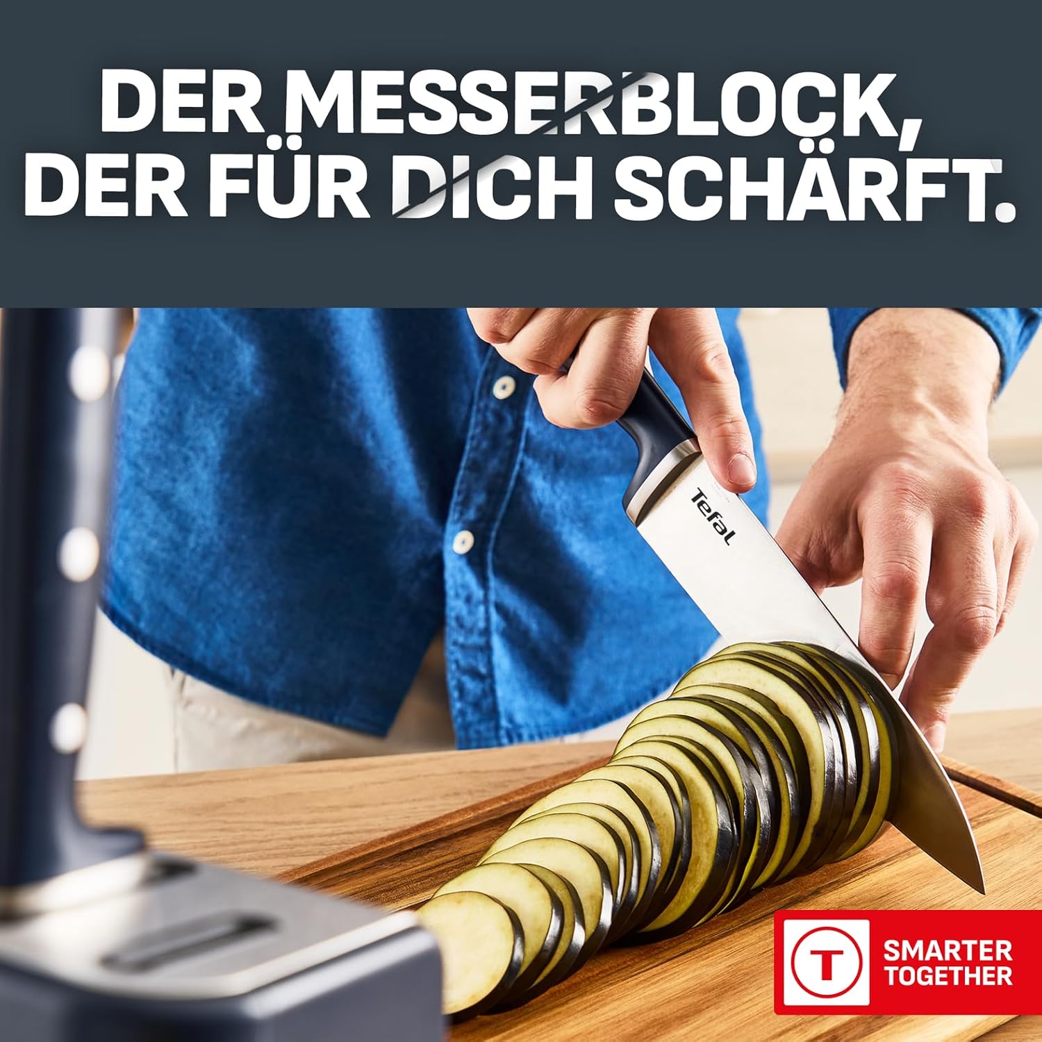 Tefal EverSharp Pro 6-teiliger Messer-Block, patentierte Schärftechnologie, selbstschärfender Messerblock, Verriegelungssystem, deutscher rostfreier Edelstahl, Blau, K297S744