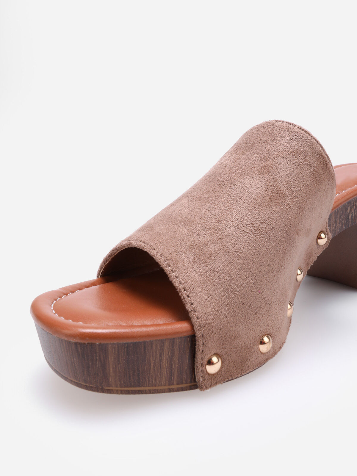 Mules sabots cloutées en suédine- Taupe