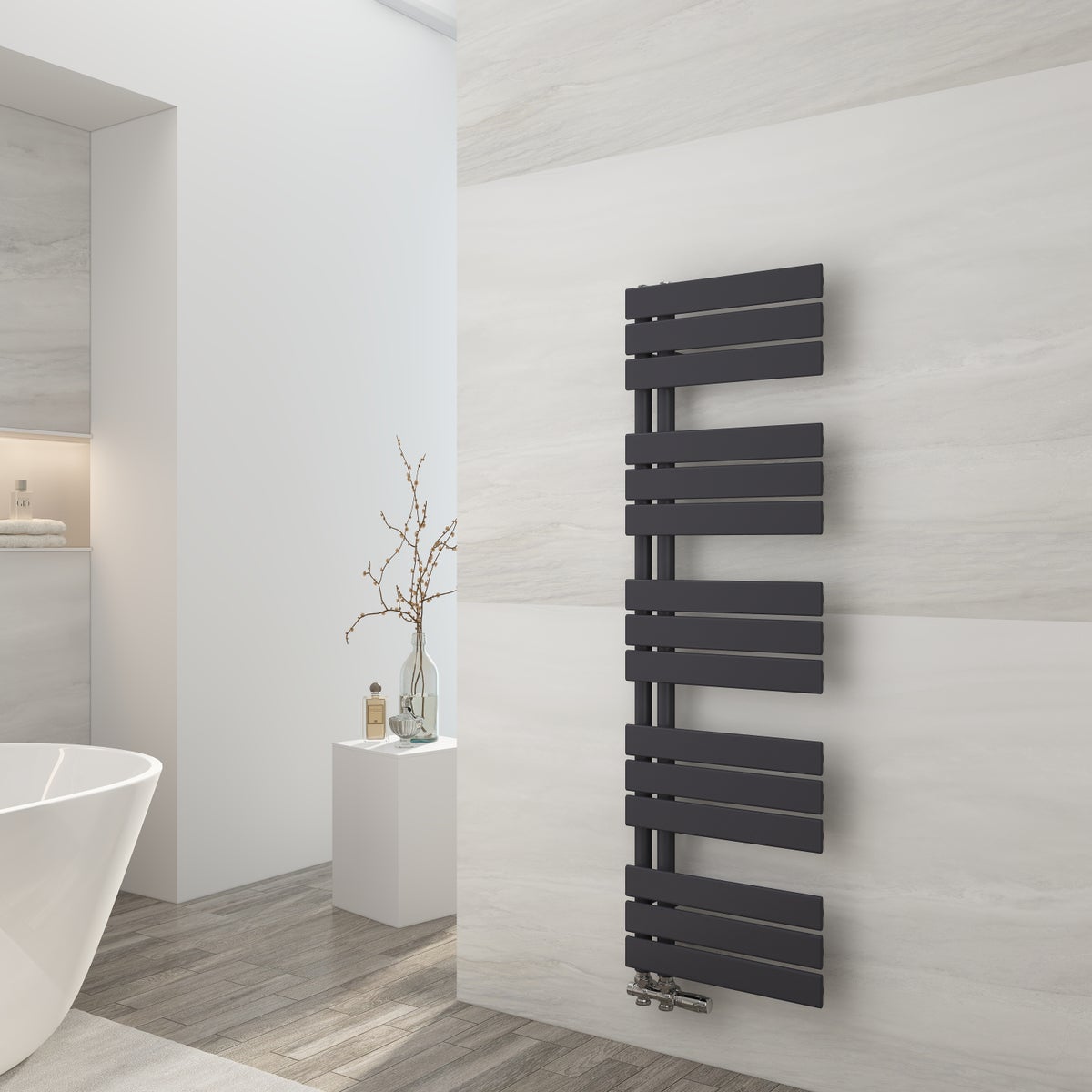 EMKE Badkamerradiator Plat 1320x400 mm Zwart Handdoekverwarmer Handdoekdroger Paneel Handdoekhouder Zijaansluiting voor Badkamer Warm Water 570W