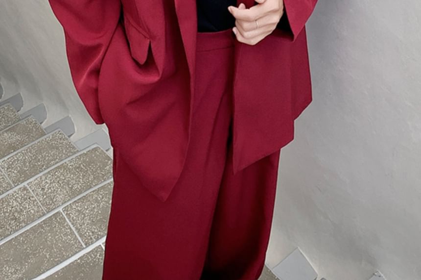 Freehop - Set: Blazer met reverskraag, effen strikceintuur en taille + broek met wijde pijpen en middelhoge taille
