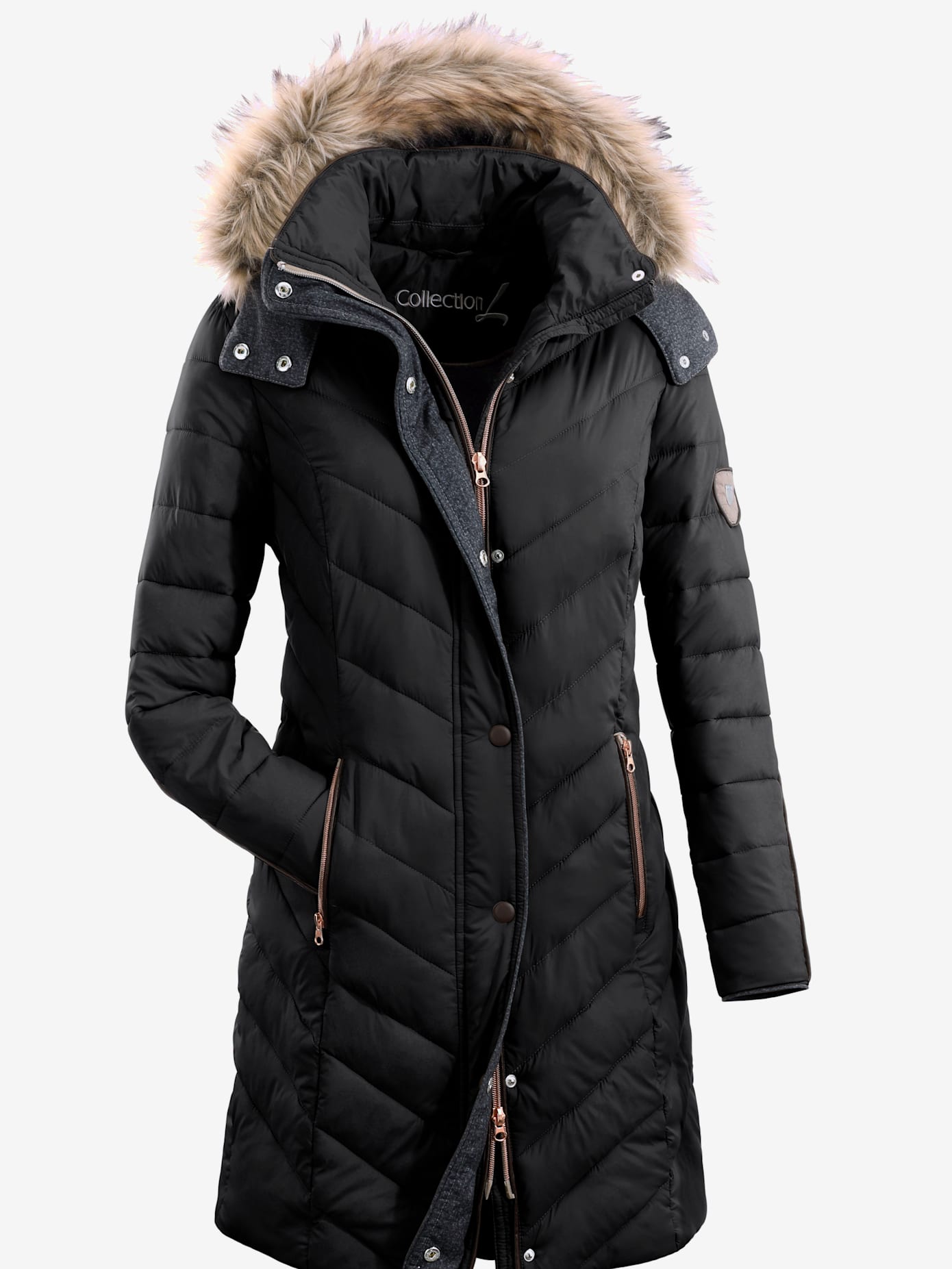 Manteau ultra chaud matelassé coupe cintrée col montant capuche amovible imitation fourrure