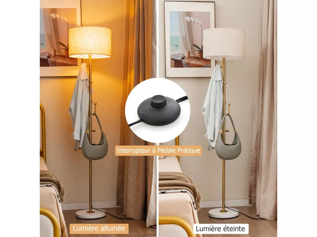 Lampadaire sur pied salon 166,5cm avec interrupteur au pied, lampe sur pied avec base doré