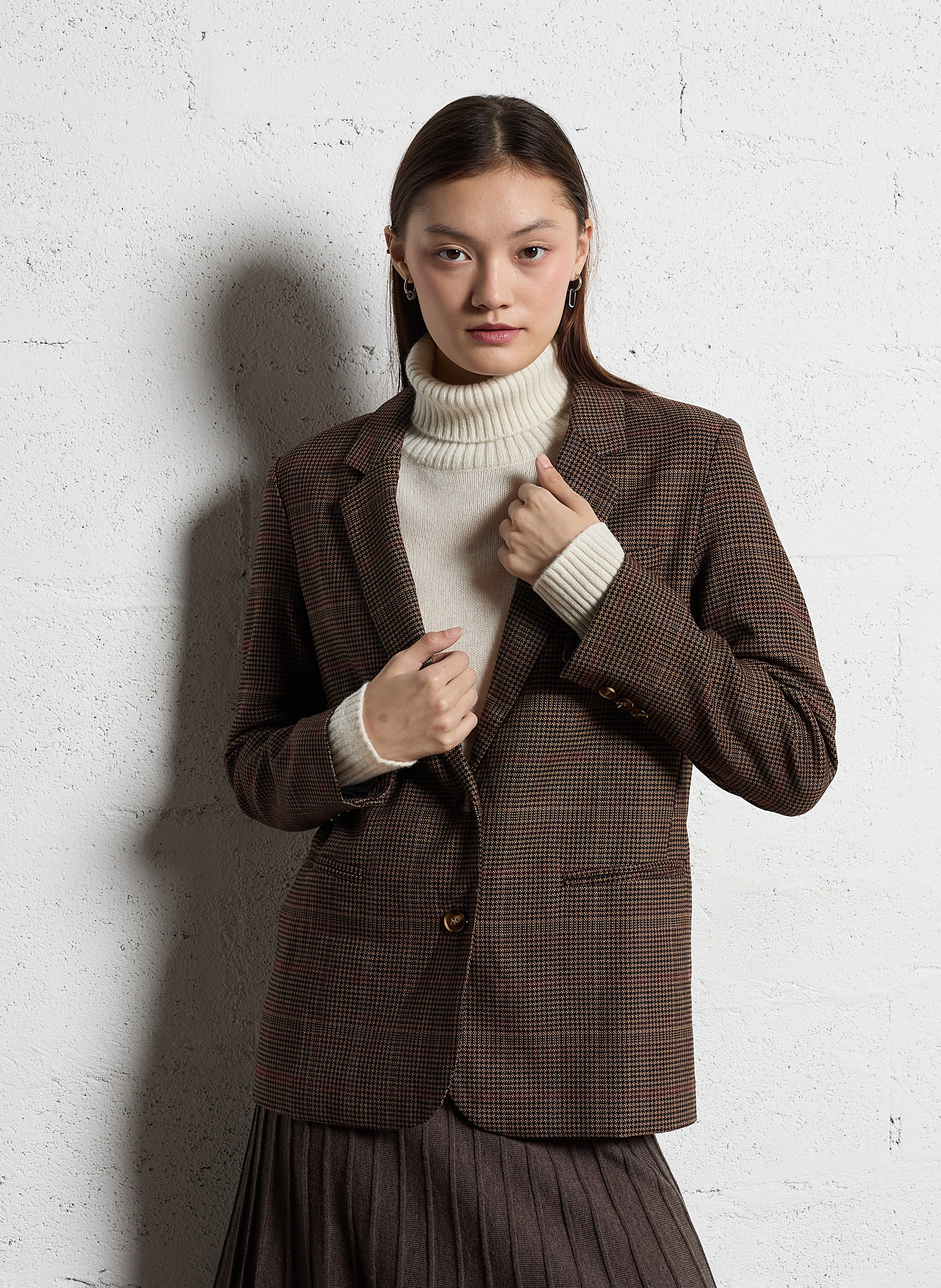 VOLIANE - Veste tailleur droite à carreaux | Marron