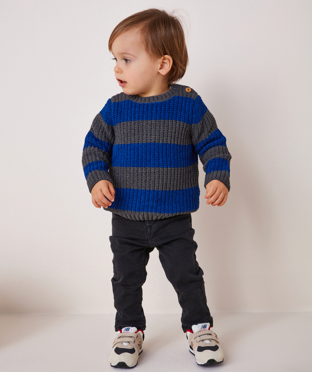 PULL TRICOT BÉBÉ GARÇON EN FIBRES RECYCLÉES RAYÉ GRIS ET BLEU