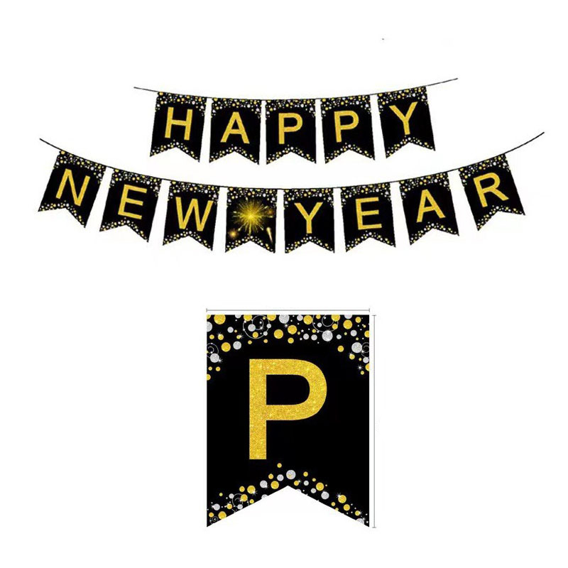 (28-tlg. Set) Happy New Year Girlande 2026 Silvester Party Dekoration   Folien Ballons / Latex Luftballons / Quasten Girlande - Gold / Schwarz