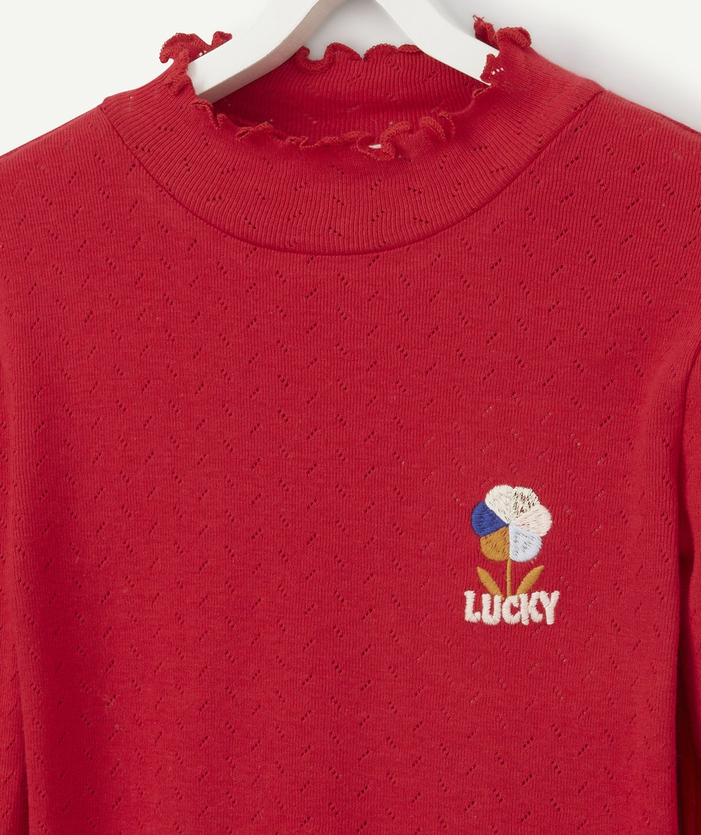 SOUS PULL COL MONTANT VOLANTÉ ROUGE FILLE EN COTON BIO