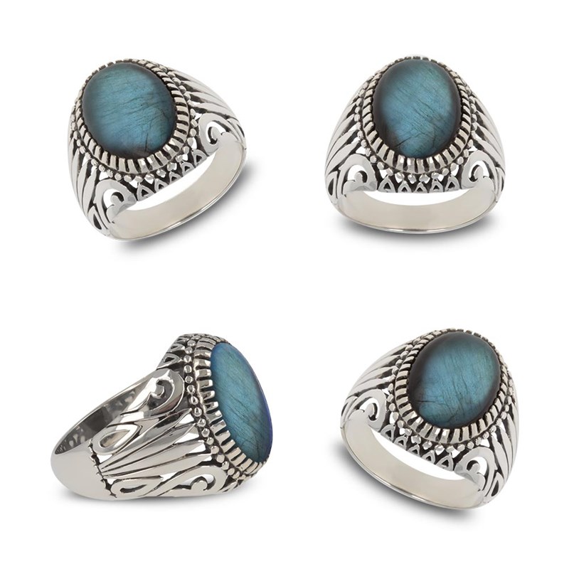 Bague Chevalière Femme en Argent 925 et Labradorite bleue - Accessoire Tendance
