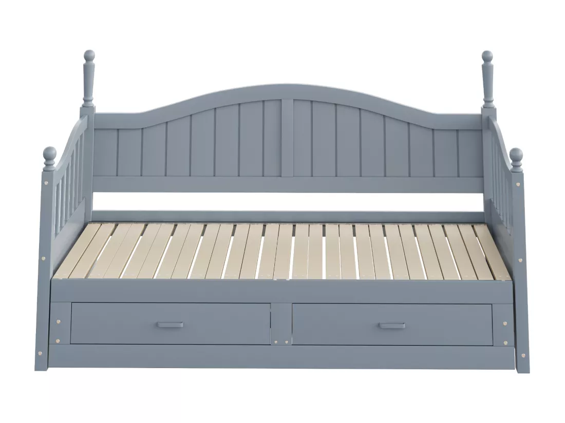 Canapé-lit pliant en bois massif - avec colonnes romaines - dossier et accoudoirs courbés - avec 2 tiroirs - gris (matelas non inclus)
