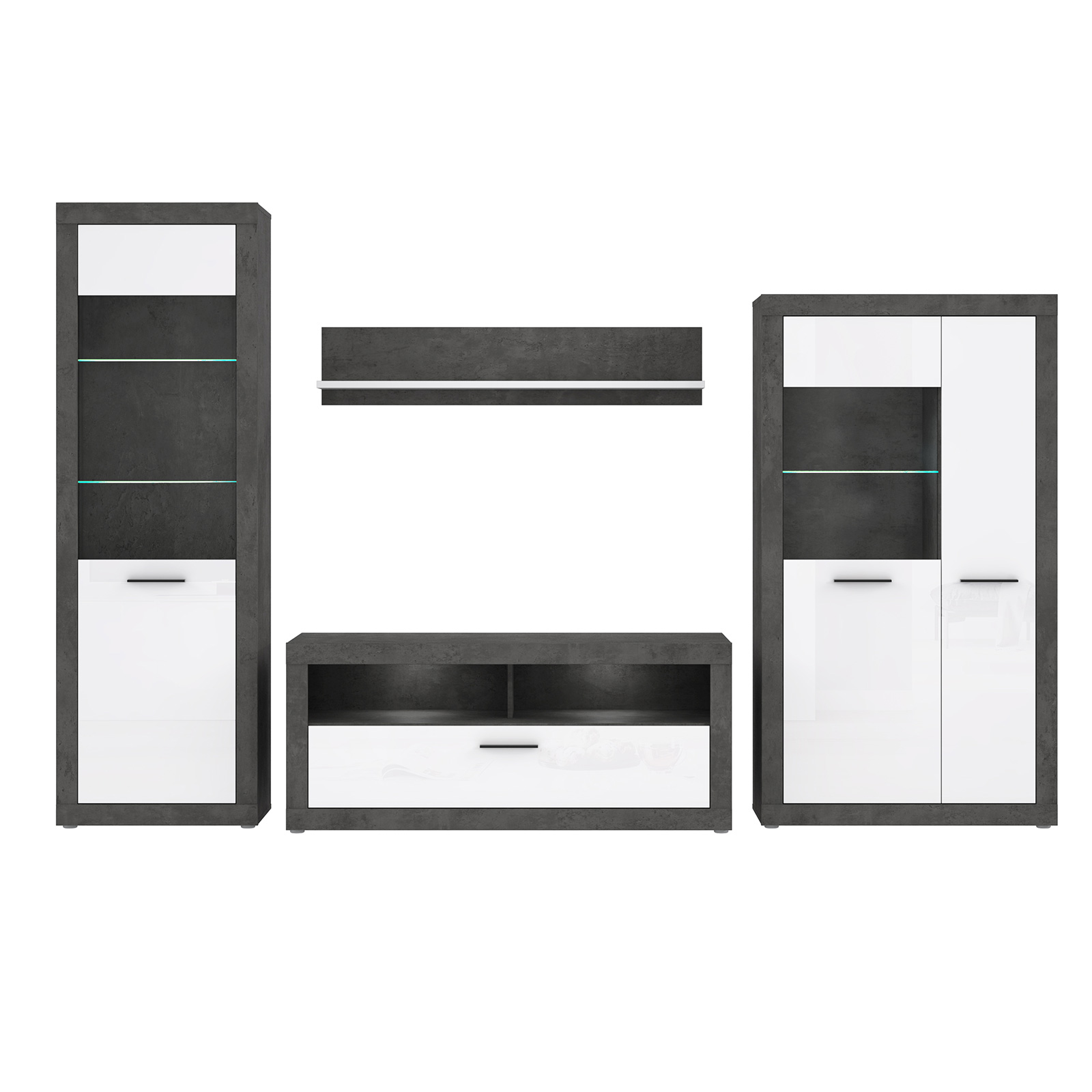 4-teiliges Wohnwand-Set - Betonoptik - weiß - 314 cm breit