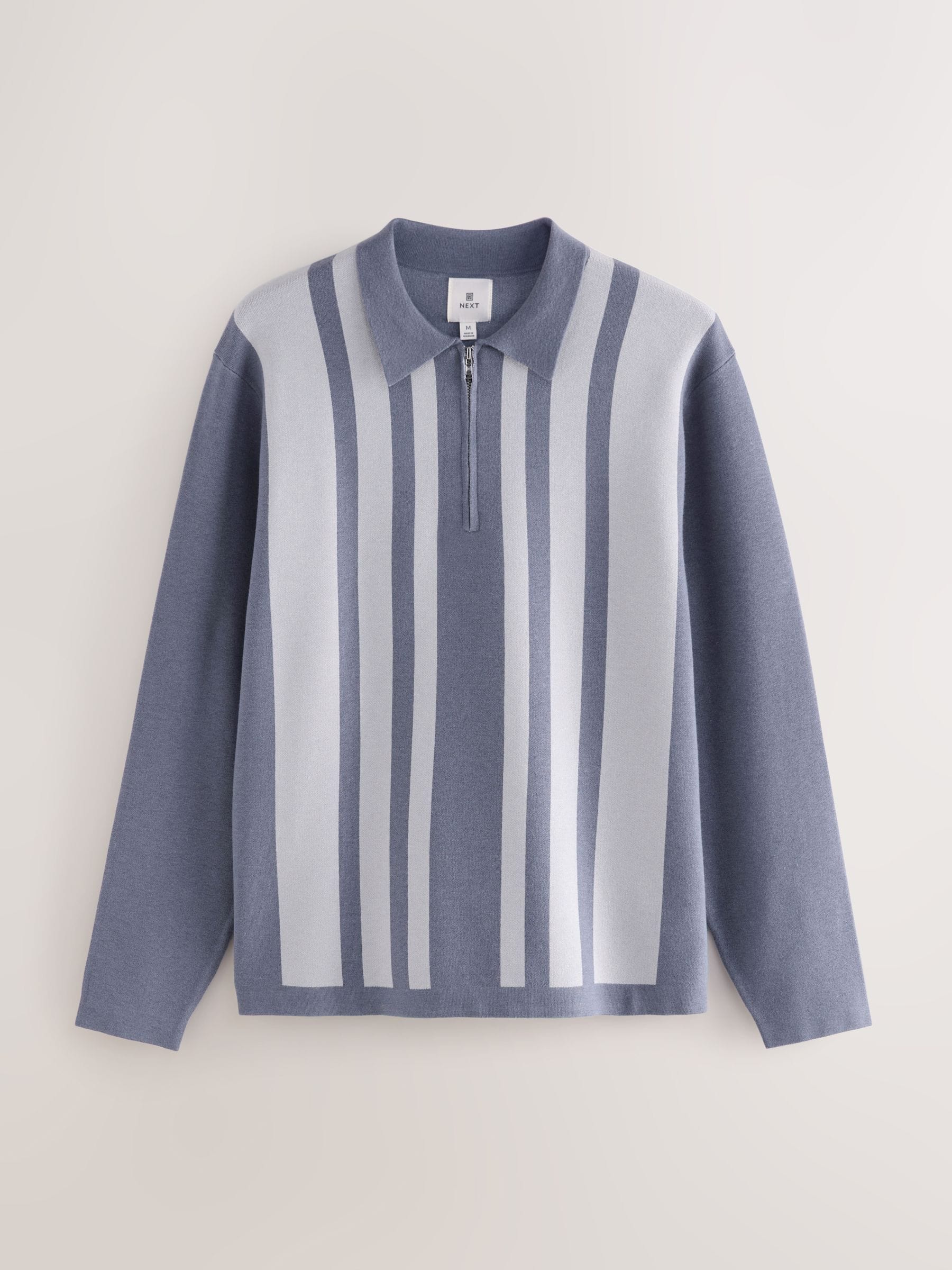 Blauw - Regular fit premium halfzwaar gestreept gebreid poloshirt met lange mouwen en kwartrits