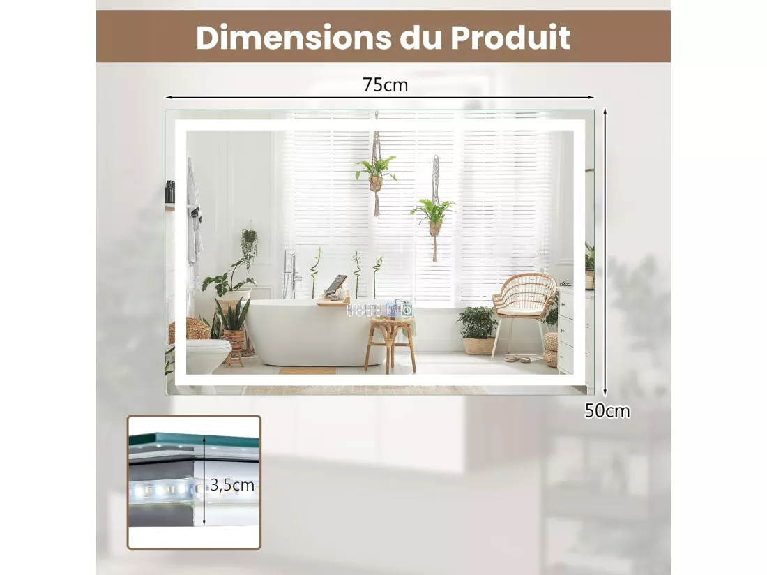 Miroir Salle de Bain 70 x 50 cm, Miroir Rectangulaire Anti-Buée, 3000-6000K, Luminosité Réglable, Miroir Maquillage, Affichage Temps, Miroir Mural, Interrupteur Tactile, Fonction Mémoire