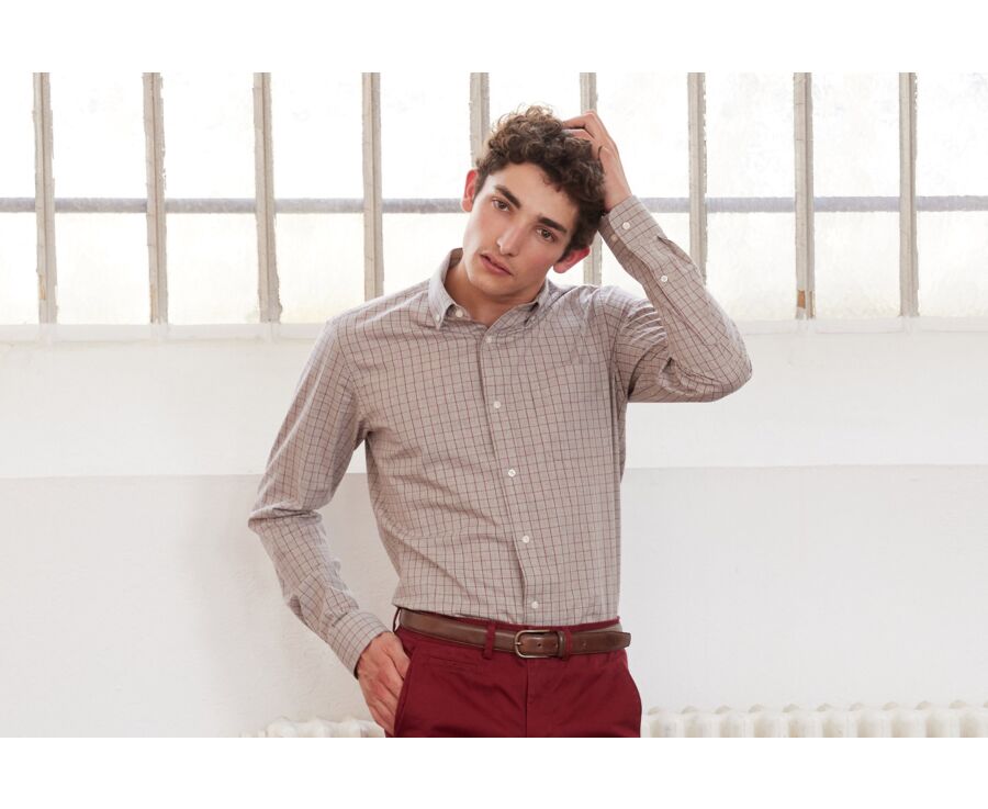 Chemise flanelle Rouge Camel et Beige - Poche poitrine - BERTON