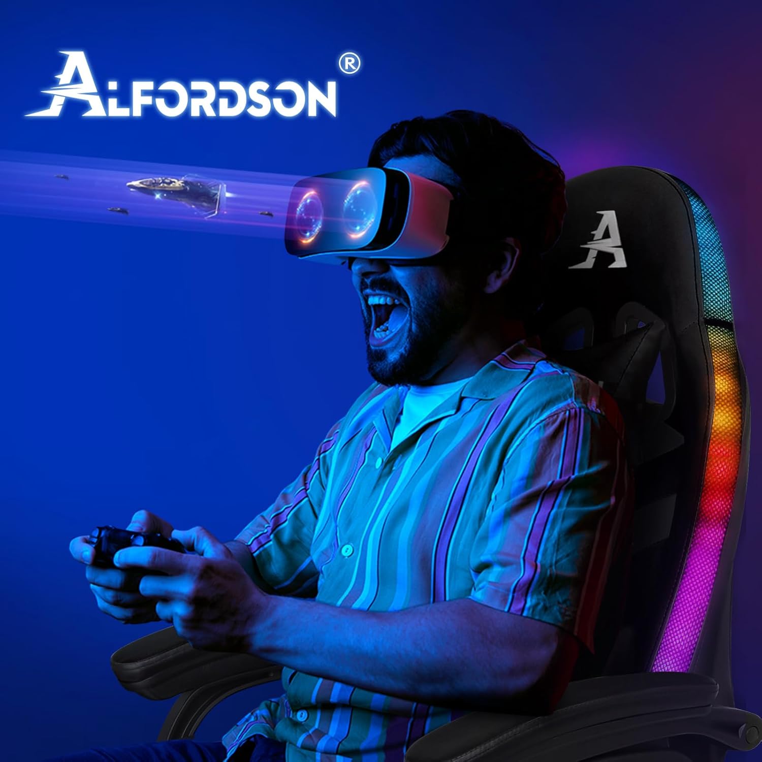 ALFORDSON Gaming Stuhl mit 8-Punkt Massage 12 Farben RGB LED-Licht, Bürostuhl Ergonomisch mit fußstützen, Kopfstütze Lendenkissen für Kinder Erwachsene, Schwarz