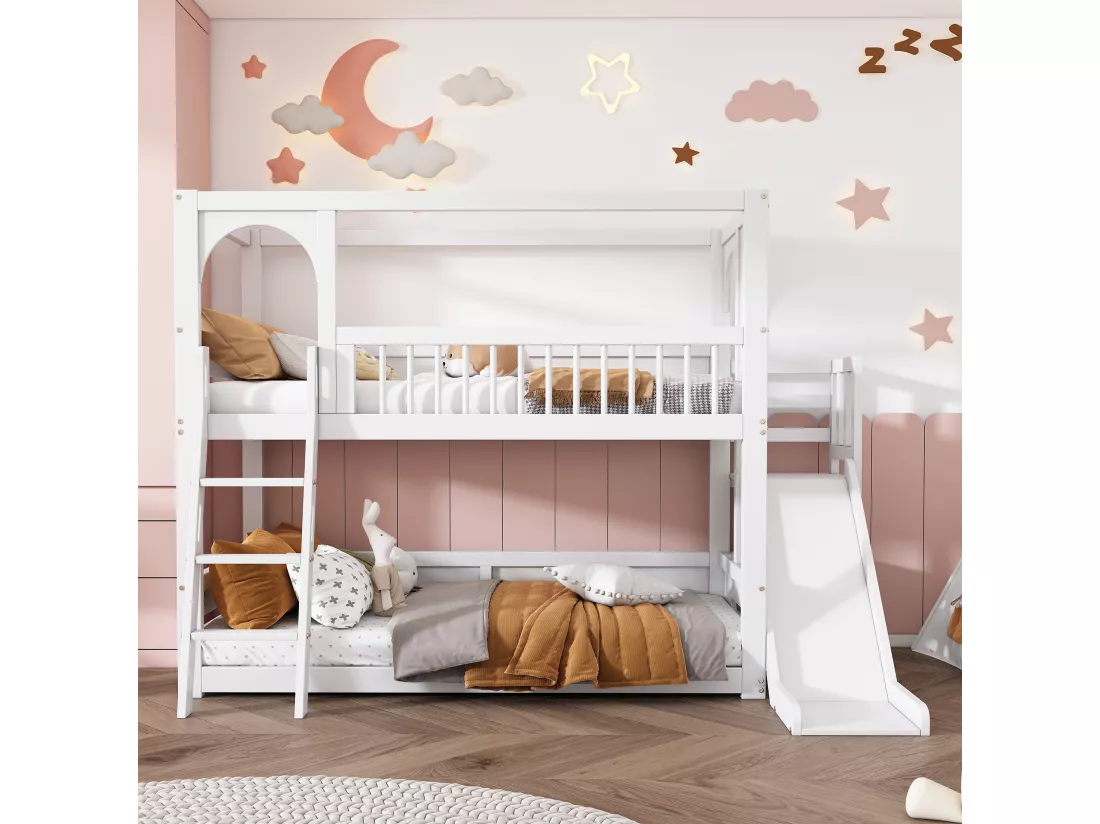 Lit superposé 2 x 90 x 200 cm avec étagères et toboggan - lit cabane enfant en bois massif - sommier à lattes - blanc