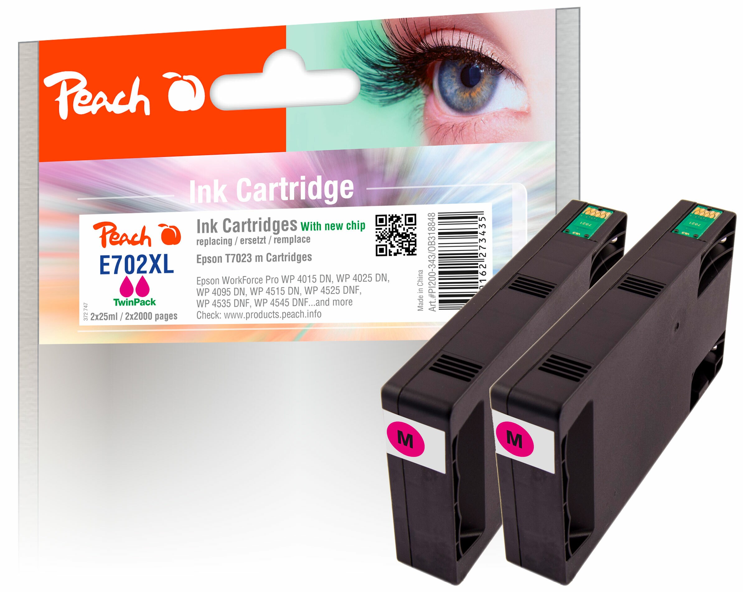 Peach E702 Druckerpatronen XL 2*ma ersetzt Epson T7023 m*2, C13T70234010*2 für z.B. Epson WorkForce Pro WP -4015 DN, Epson WorkForce Pro WP -4025 DW