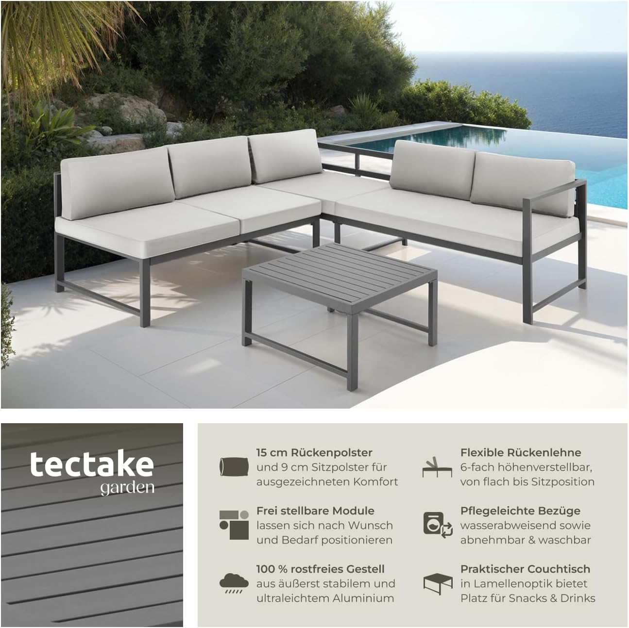 tectake® Gartenmöbel Set, 2X Sofa mit Kissen und Tisch, Sitzecke Outdoor Lounge mit Verstellbarer Rückenlehne, Möbel wetterfest für Balkon, Garten, Terrasse oder Wintergarten - hellgrau