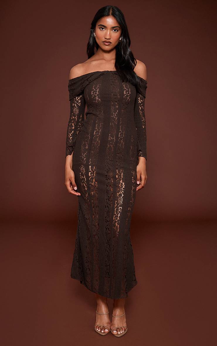 Chocolat Robe Longue Bandeau À Rabat En Dentelle