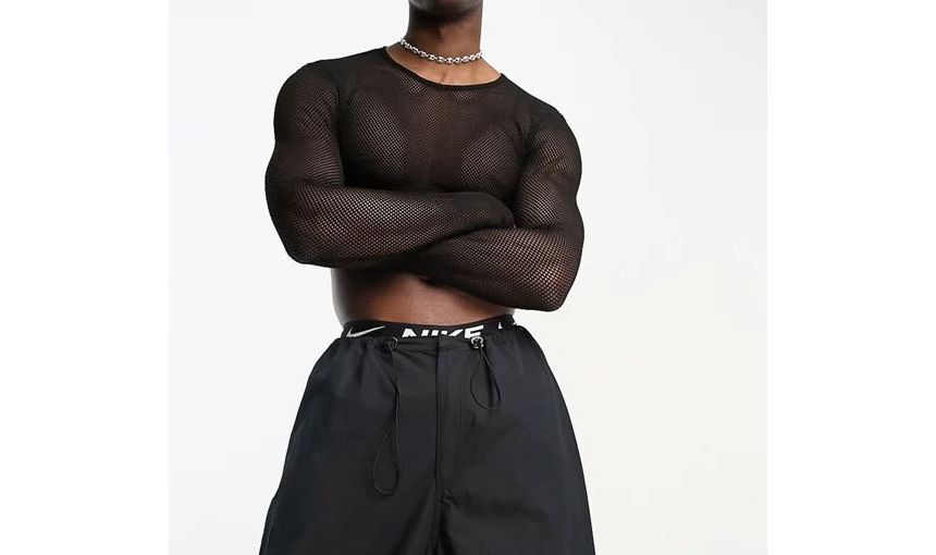 vrovion - Crop top met lange mouwen, ronde hals en effen mesh