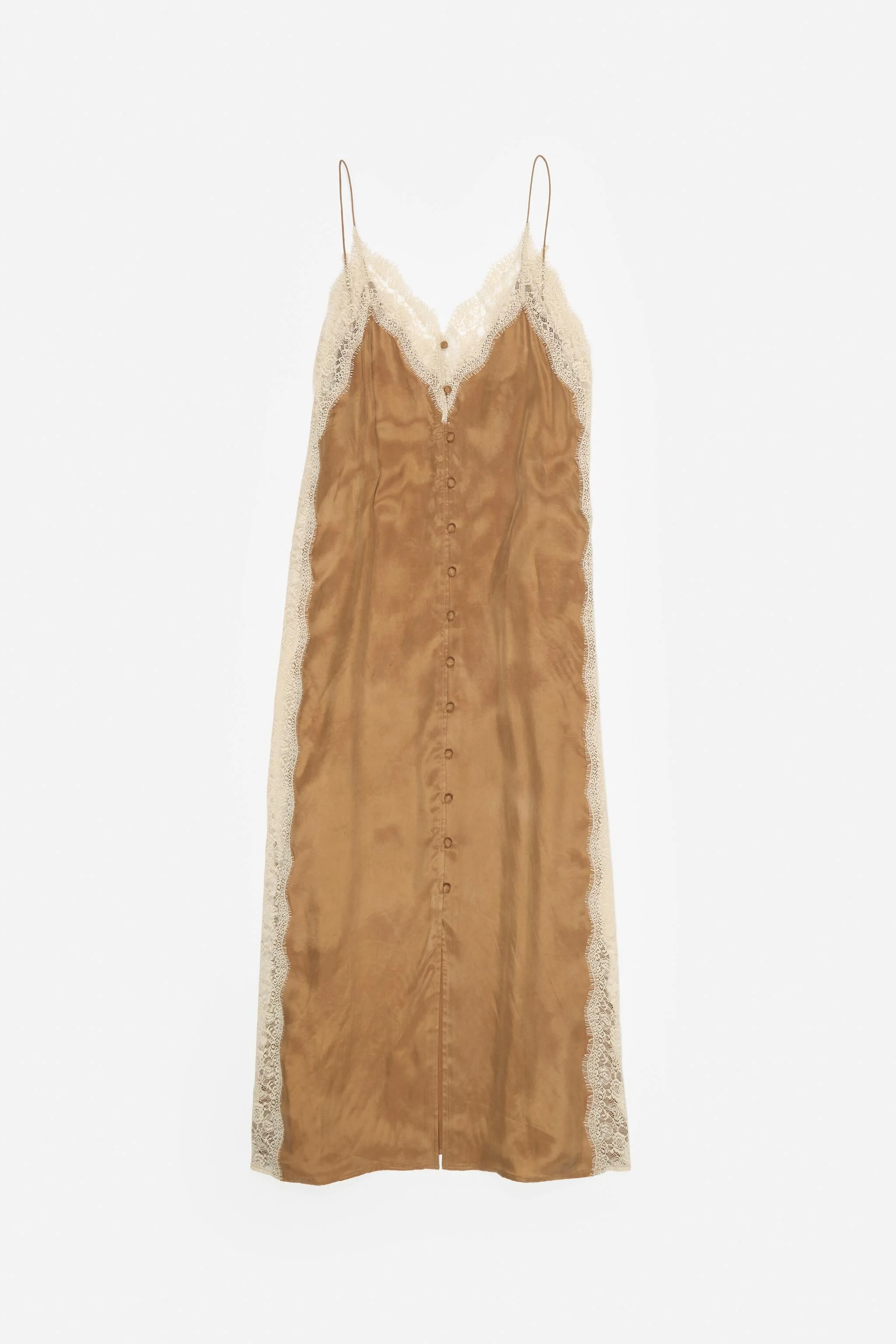 Vestido de alças cor caramelo com renda contrastante