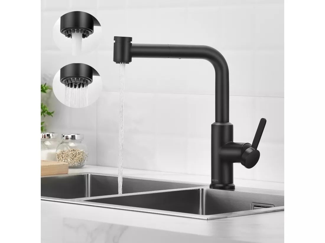 2PCS CECIPA MAX Mitigeur de Cuisine avec Douchette Extractible, Robinet d'évier Noir, Robinet d'eau Chaude et Froide, 2 Modes de Sortie D'eau