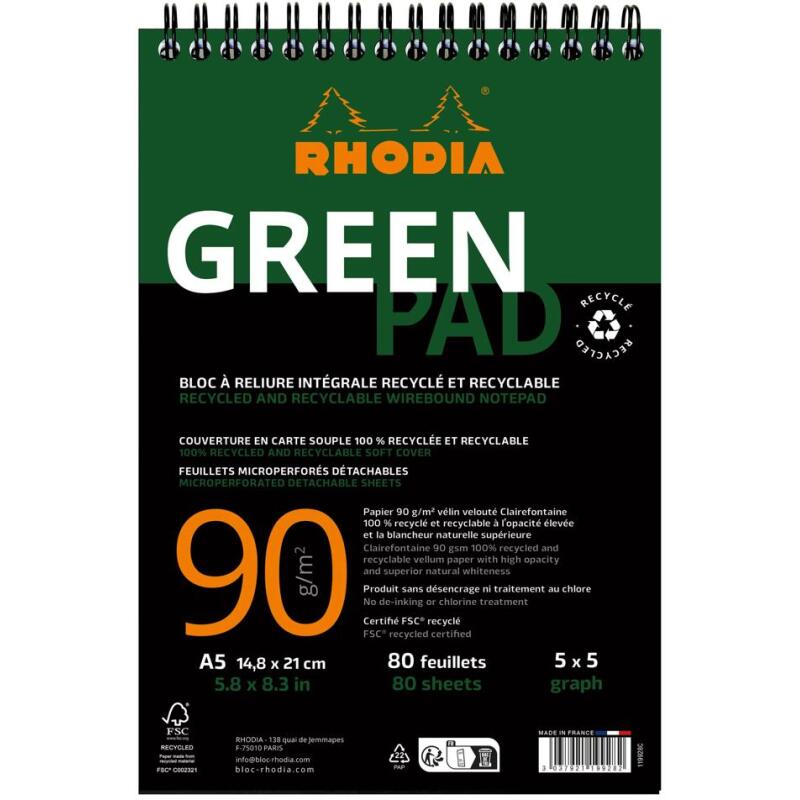 Greenpad bloc à reliure intégrale recyclé et recyclable en carte souple 350 g/m2 - A5+ 16x21 cm 80 feuillets 5/5 - Papier Clairefontaine recyclé 90 g/m2 - Noir - New - Noir