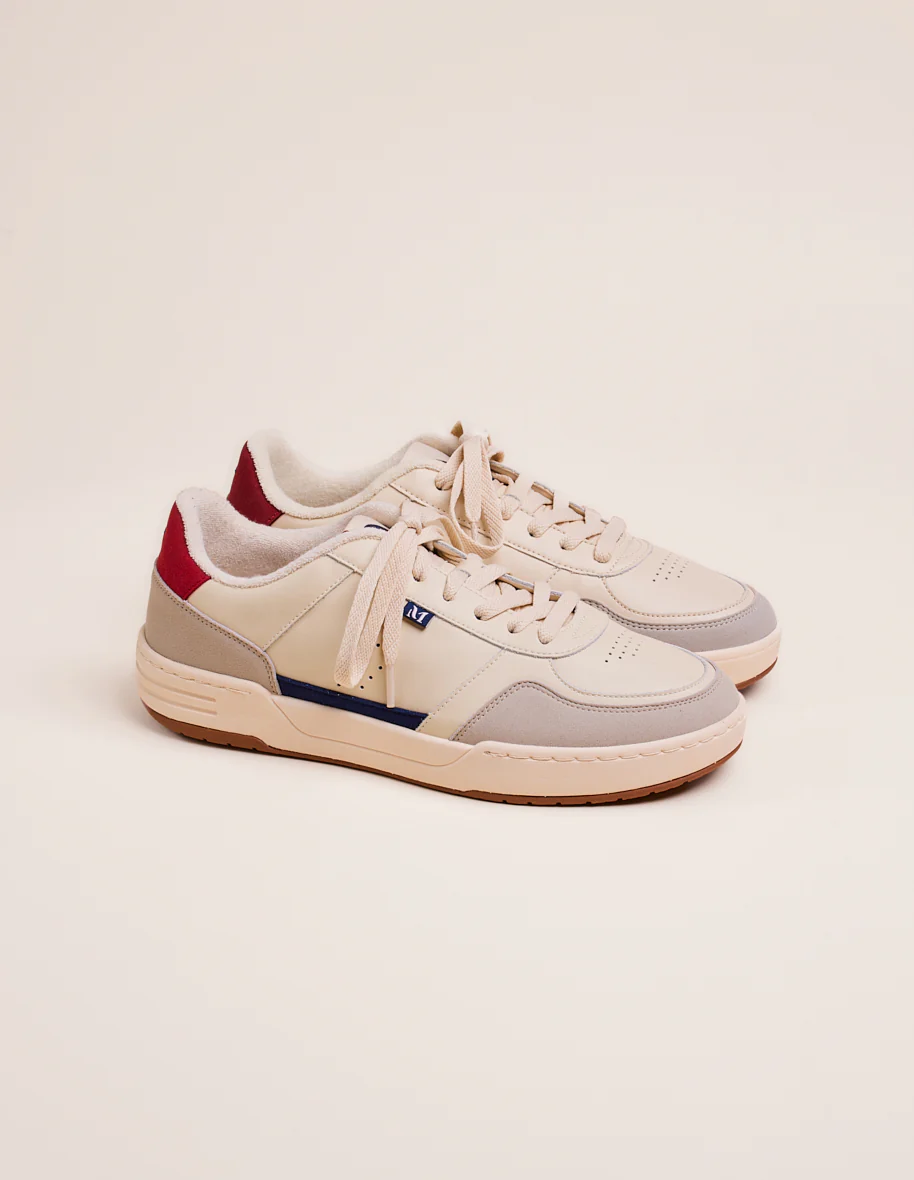 Baskets basses Mael - Cuir recyclé et suède vegan ecru marine rouge